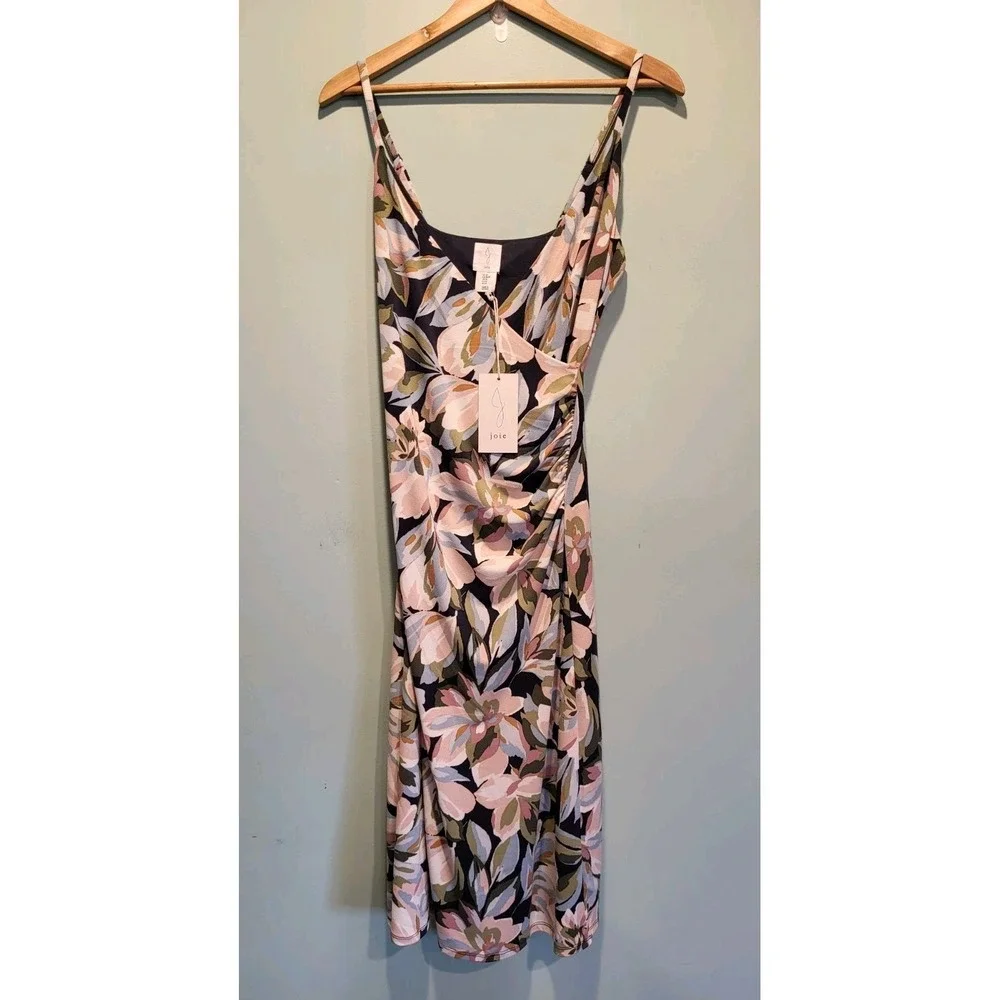 New Joie Sleeveless Blue Pink Floral Faux Wrap Midi Dress Sz M Ruched Stretch